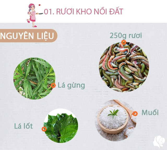 Chuẩn bị: Rươi 250g, 3-4 cây gừng, 7-8 lá lốt, muối, nước mắm, bột ngọt, dầu ăn...