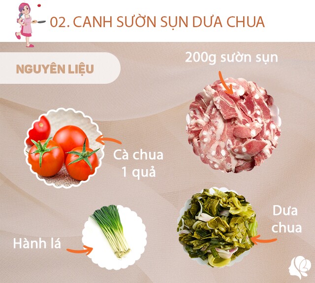 Chuẩn bị: 2 bát dưa cải chua, 200g sườn sụn thái lát mỏng, cà chua 1 quả, hành lá, muối, dầu ăn.