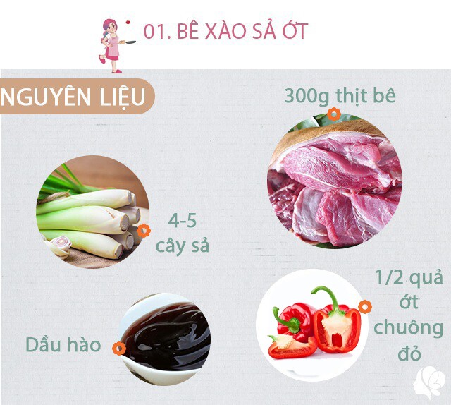 Chuẩn bị: 300g thịt bê, 4-5 cây sả, 1/2 quả ớt chuông đỏ, 1/3 quả ớt chuông vàng, dầu ăn, vài tép tỏi, một mẩu gừng, vừng rang, dầu hào, dầu vừng, bột canh.