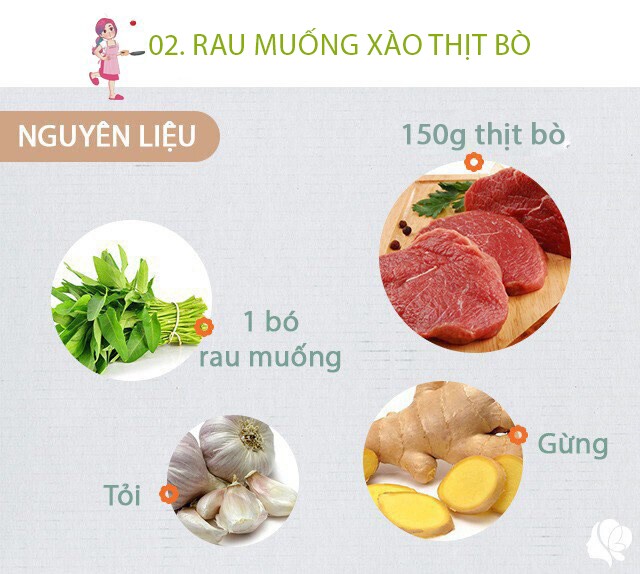 Chuẩn bị: Thịt bò: 150g thái miếng mỏng - Rau muống: 1 bó nhặt và rửa sạch - Tỏi: 1 củ to - 1 mẩu gừng - Gia vị: bột canh, bột ngọt, tiêu