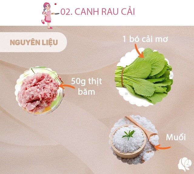 Chuẩn bị: một nắm cải mơ non, 50g thịt băm hoặc thịt vai thái sợi, chút muối.