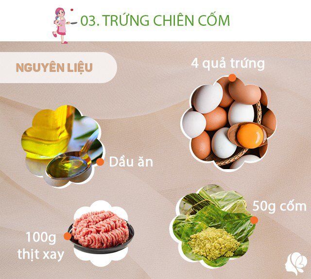 Chuẩn bị: 4 quả trứng, 100g thịt xay, 50g cốm non, nước mắm, dầu ăn.