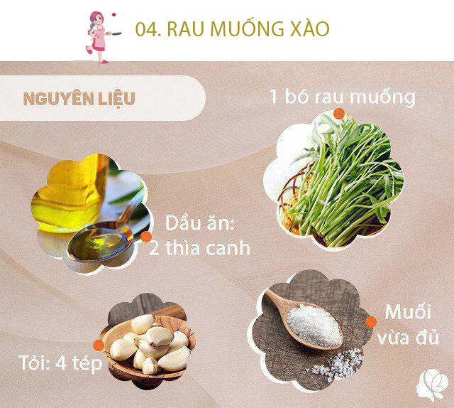 Chuẩn bị: 1 bó rau muống, 2 thìa dầu ăn, muối vừa đủ, 4 tép tỏi.