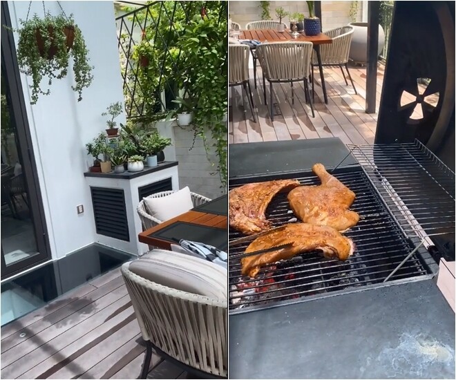 Nơi đây là một góc ăn uống ngoài trời ấm cúng, lý tưởng cho các bữa tiệc nướng BBQ, người đẹp cũng chuẩn bị bếp nướng để mọi người tụ tập làm tiệc tại gia.