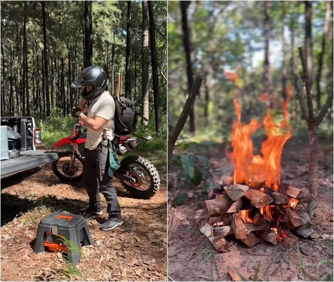 Huy Trần đi xe bán tải vào rừng, mang theo xe mô tô địa hình để tìm một chỗ thích hợp nấu nướng. Anh đầy đủ dụng cụ cần thiết để cắm trại và nấu ăn. Ông xã Ngô Thanh Vân nhặt củi trong rừng và có sẵn cả cưa, búa để bổ củi.