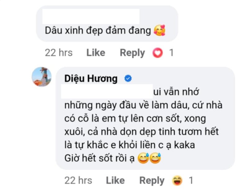 Cô còn dí dỏm kể: Ui vẫn nhớ những ngày đầu về làm dâu, cứ nhà có cỗ là em tự lên cơn sốt, xong xuôi, cả nhà dọn dẹp tinh tươm hết là tự khắc em khỏi liền kaka. Giờ hết sốt rồi ạ.