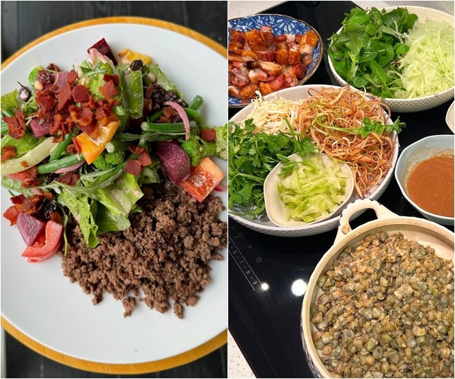 Tăng Thanh Hà thường xuyên chế biến các món như salad, bánh mì, súp kiểu Tây, nhưng cũng không ngại thử sức với các món thuần Việt như cơm hến, bún bò, bún đauạ hũ nước tương…