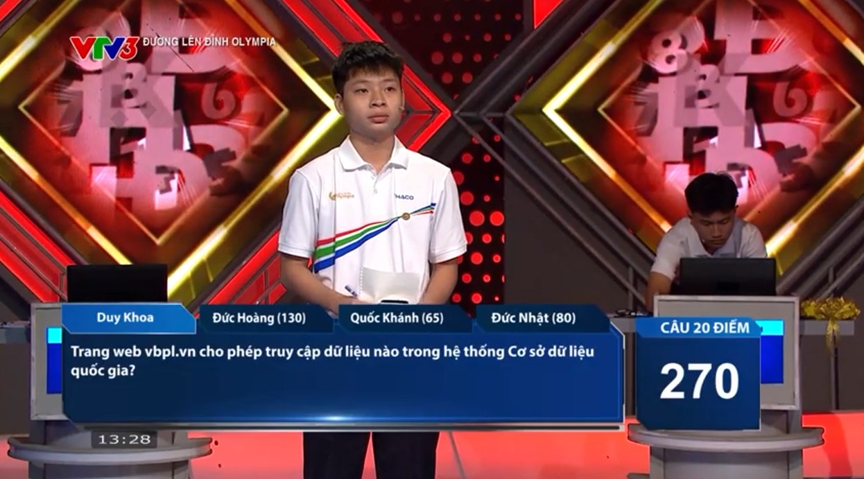 Duy Khoa là người Về đích đầu tiên và chỉ đưa ra một đáp án đúng. Quốc Khánh đã 2 lần trả lời đúng trong lượt thi của Duy Khoa và giành được 40 điểm. Kết thúc lượt thi của mình, Duy Khoa còn 250 điểm. 