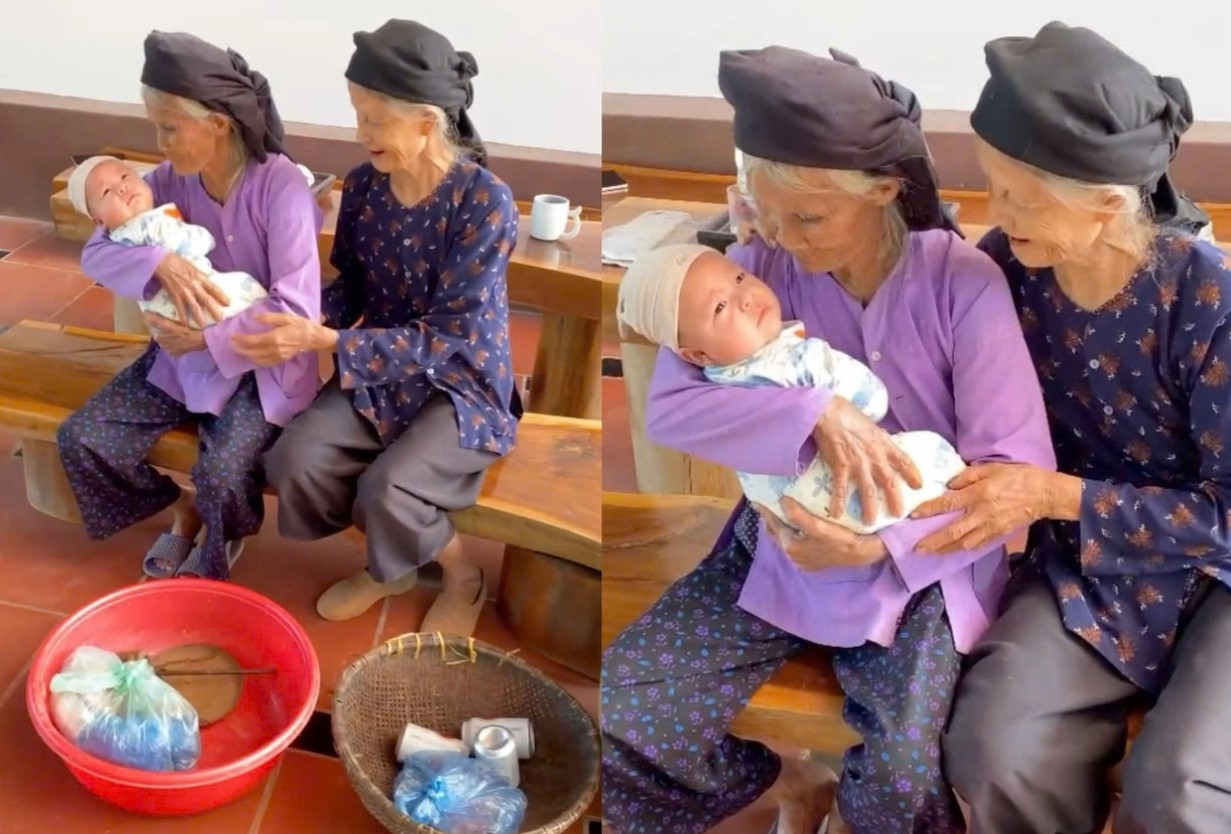Khoảnh khắc 2 cụ bà ôm em bé thật ấm áp