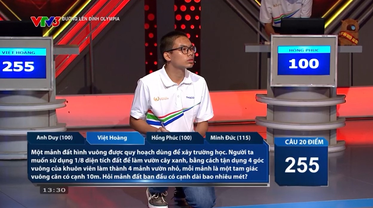 Việt Hoàng là người đầu tiên Về đích với 2 câu trả lời đúng, nâng tổng số điểm lên 275. Hồng Phúc đã đưa ra 1 đáp án sai trong lượt thi của Việt Hoàng nên bị trừ 10 điểm. 