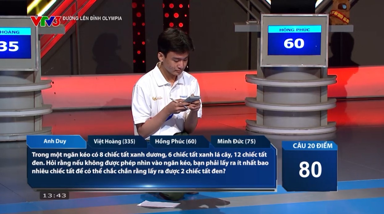 Anh Duy là người Về đích cuối cùng và không có câu trả lời nào đúng. Hồng Phúc đã bấm chuông 2 lần, đưa ra 1 đáp án sai và 1 đáp án đúng trong lượt thi của Anh Duy. 
