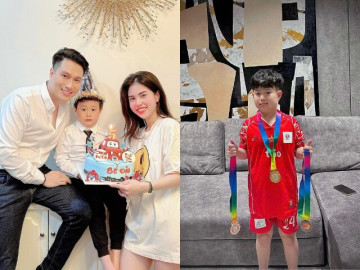 Con trai Việt Anh sưu tập huy chương để làm quà cưới cho mẹ và dượng, 7 tuổi đã oách hơn bố ruột