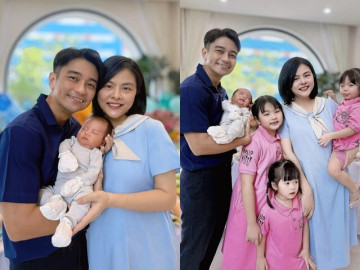 Van Trang shows off her newborn son who is a replica of three businessmen. The "large" family has a "unique" month-long party.