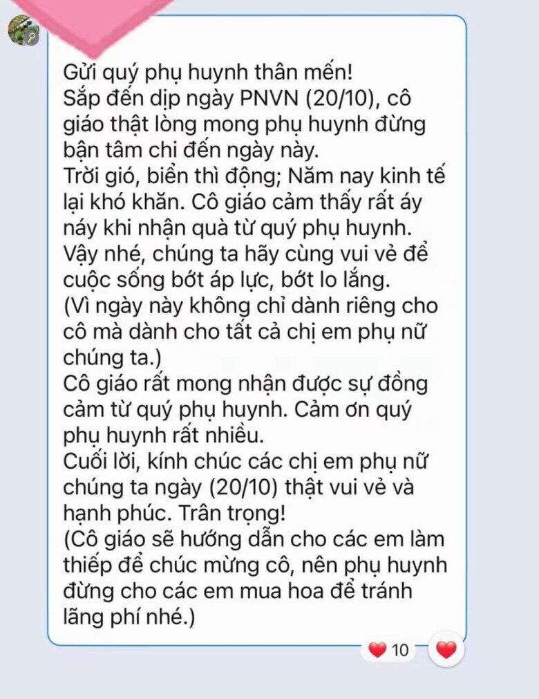 Phụ huynh một lớp bị cô giáo nhắn tin vào nhóm chat trả lại phong bì Ngày Phụ nữ Việt Nam 20/10, nghẹn ngào đọc lý do - 8