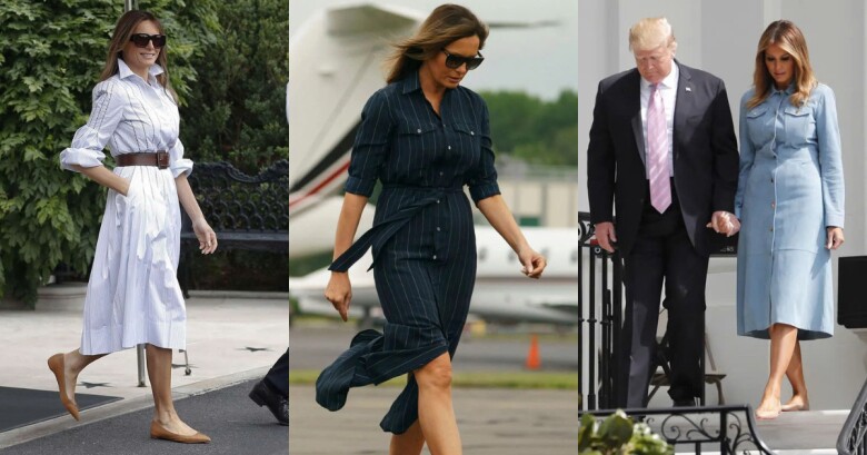 Những chiếc váy sơ mi trơn màu cùng họa tiết kẻ sọc rất được Melania ưu ái khi vừa đảm bảo yếu tố đơn giản những vẫn nổi bật và thanh lịch. Ngoài giày cao gót, phu nhân Donald Trump cũng ứng dụng giày bệt để mang lại cảm giác thoải mái và dễ di chuyển hơn cho những sự kiện không quá quan trọng. 