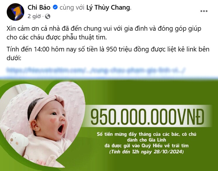 Số tiền khách mời ủng hộ quỹ từ thiện trong tiệc đầy tháng bé Gia Linh lên đến gần 1 tỷ đồng.