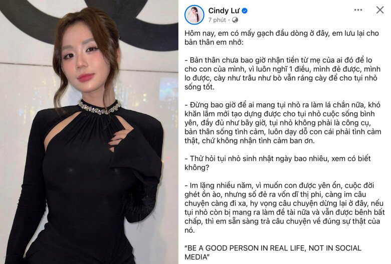 Cindy Lư lên tiếng sau khi chồng cũ có chia sẻ về tiền chu cấp nuôi 2 con.