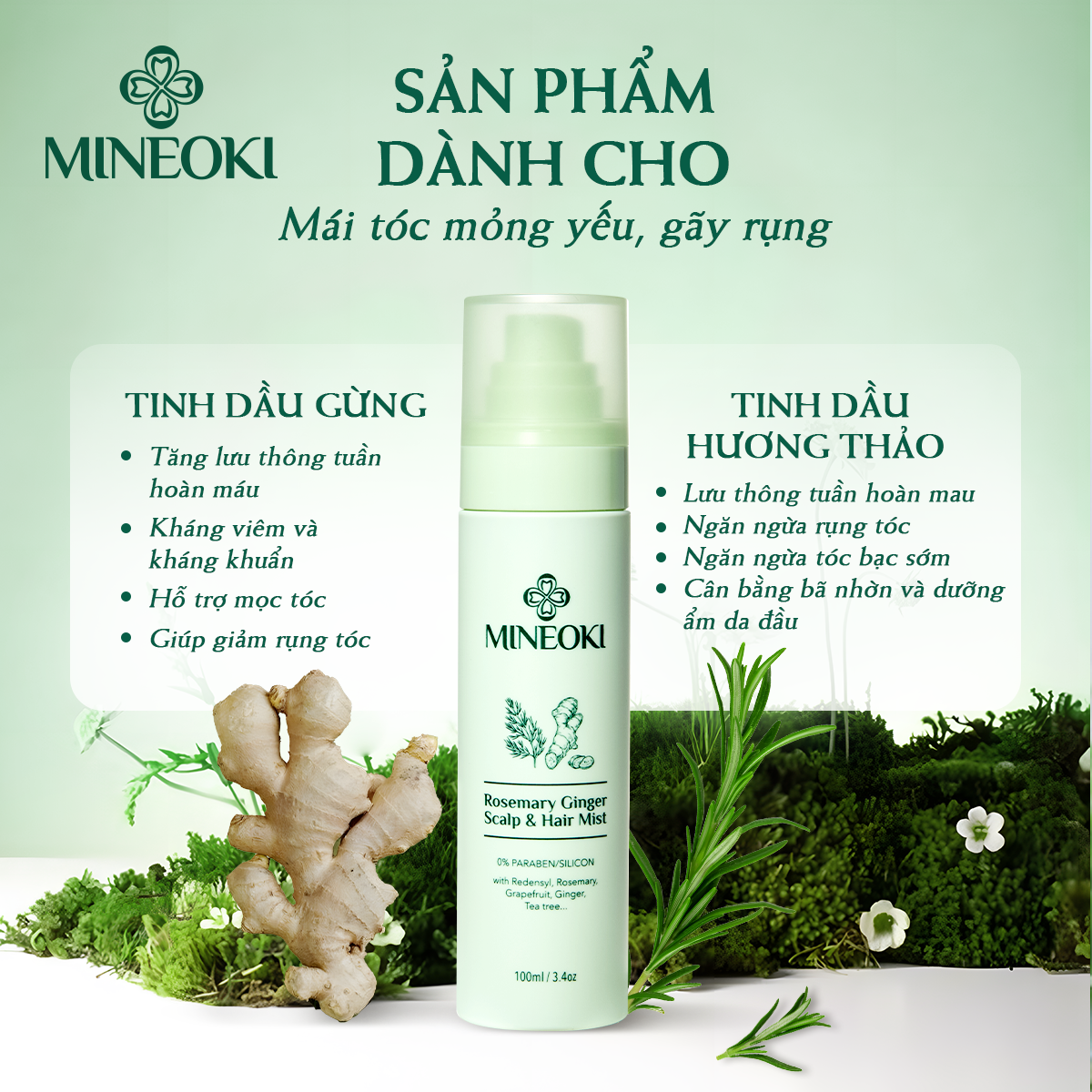 MINEOKI là sự kết hợp hoàn hảo giữa tinh dầu gừng, hương thảo và một số dưỡng chất thiên nhiên khác giúp phục hồi và nuôi dưỡng mái tóc chắc khỏe.