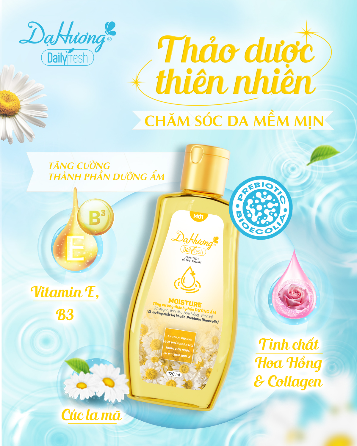 Dạ Hương Daily Fresh Moisture chứa dưỡng chất lợi khuẩn Prebiotic và các thảo dược thiên nhiên.