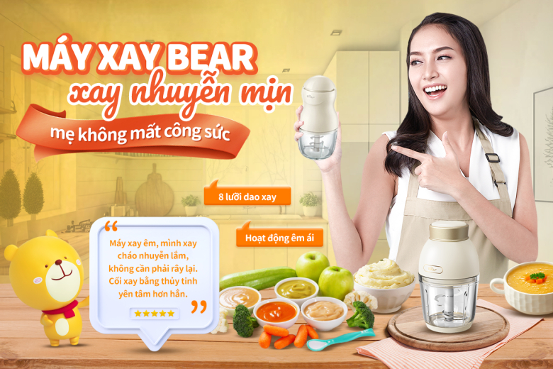Máy xay Bear giúp mẹ xay nhuyễn mịn thực phẩm chỉ trong vài giây mà không lo dính cối