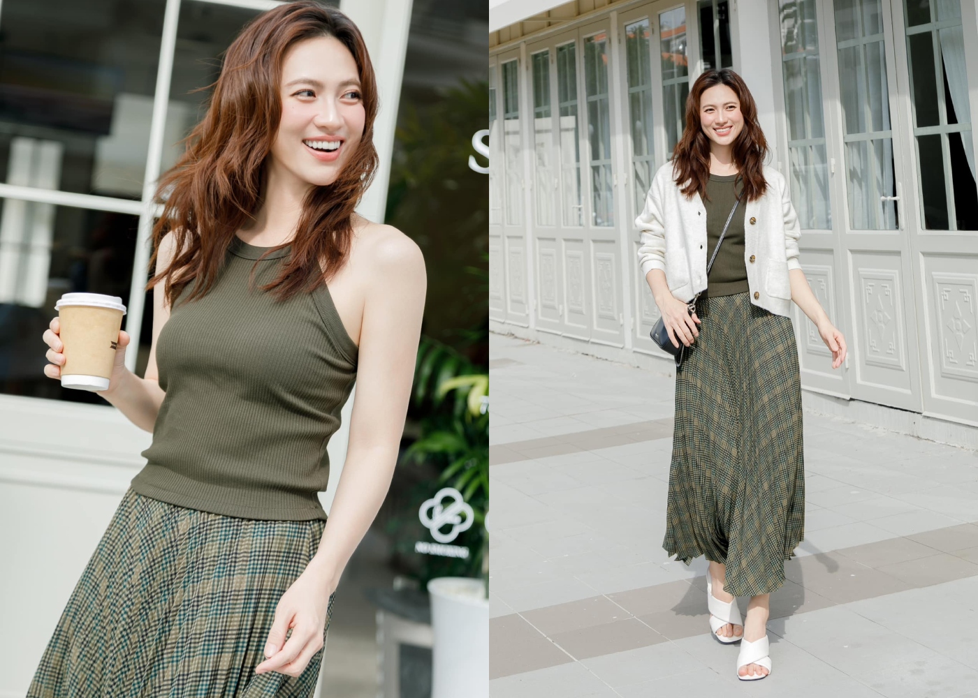 Cũng là set đồ trên nhưng khéo léo mix thêm cardigan hợp thu đông và túi đeo chéo, mỹ nhân 9X liền chuyển sang vibe tiểu thư dịu dàng.