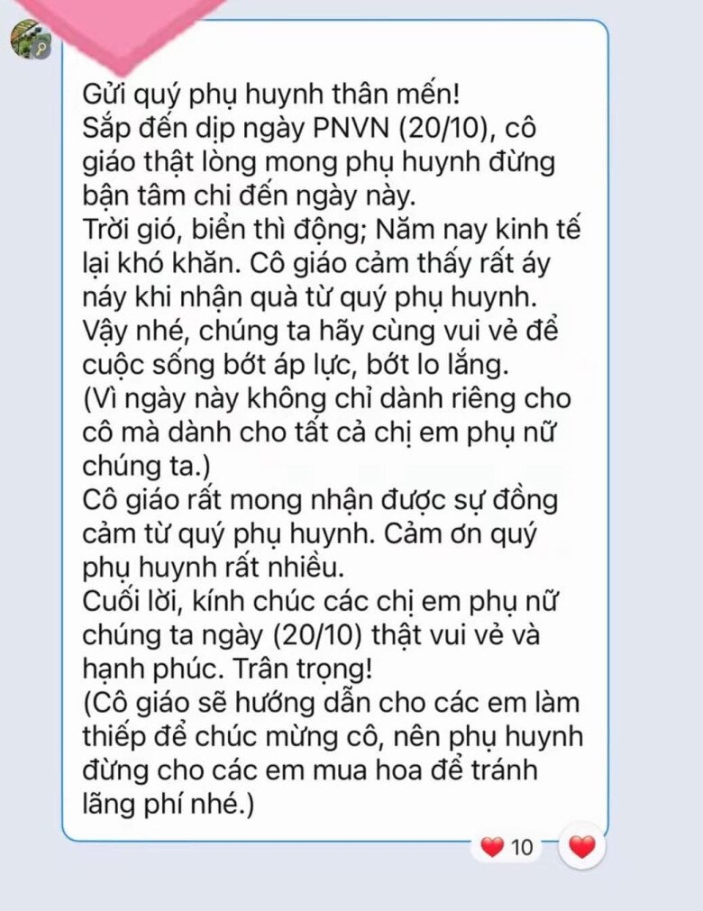 MXH xôn xao đoạn tin nhắn của cô giáo Quy Nhơn đề cập chuyện tặng quà giáo viên Ngày Phụ nữ Việt Nam 20/10 - 1