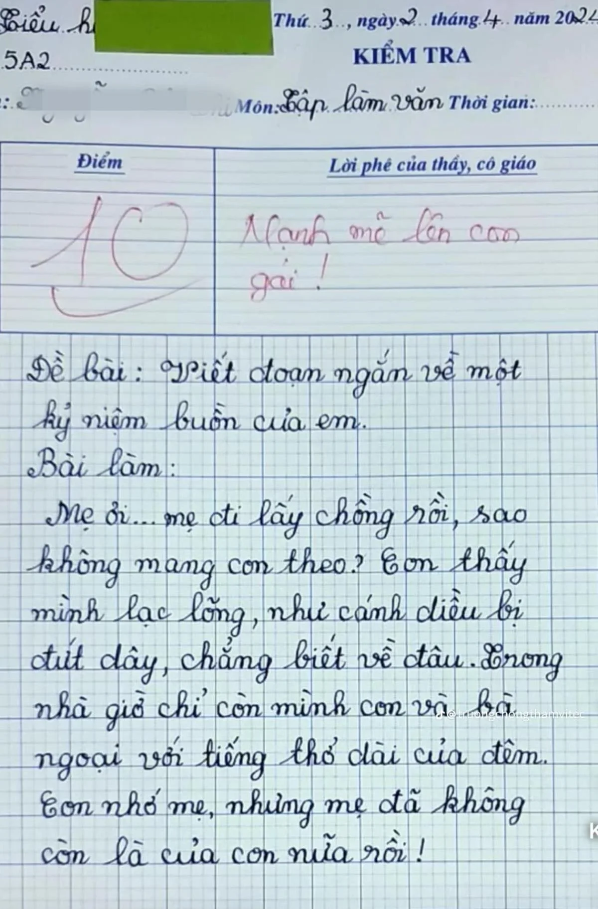 Bé gái lớp 5 làm văn kể về kỷ niệm buồn, cô giáo đọc xong liền chấm điểm 10, ai nấy đều rơi nước mắt - 1