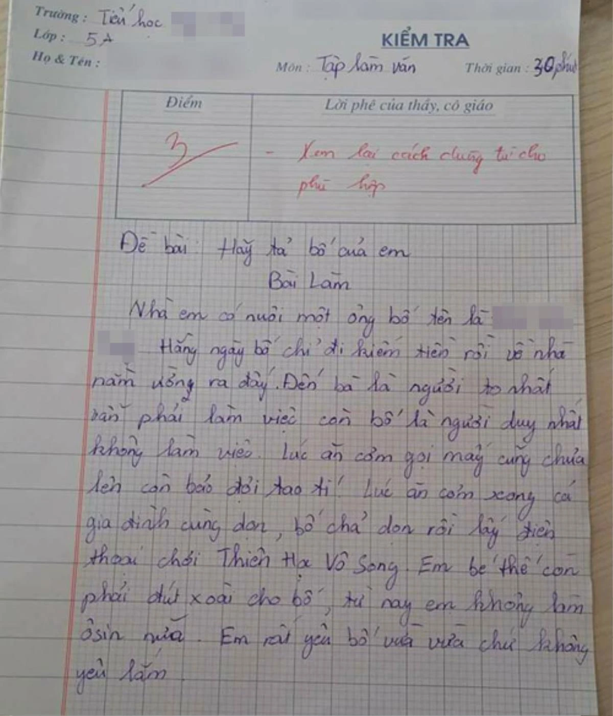 Bé lớp 5 viết văn tả bố bị chấm 3 điểm, đọc dòng cuối bài văn ai nấy ngã ngửa - 1