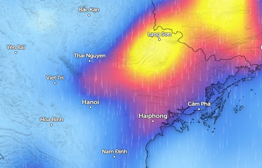 Dự báo mưa diện rộng ở miền Bắc vào tối 6/10 (những vùng màu xanh da trời là mưa nhỏ đến vừa, màu đỏ là mưa vừa đến mưa to, màu vàng là mưa rất to). Ảnh: Zoom Earth, OpenStreetMap, GFS.