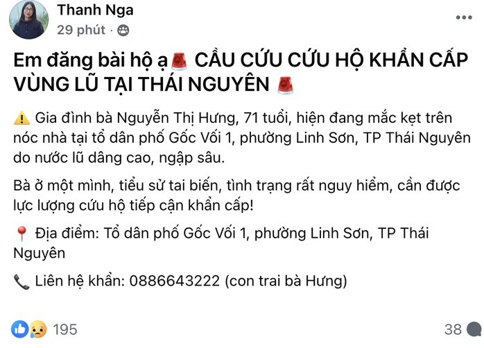 Một người dân Thái Nguyên kêu cứu các lượng lượng cứu hộ đến hỗ trợ cứu người. Ảnh: OFFB