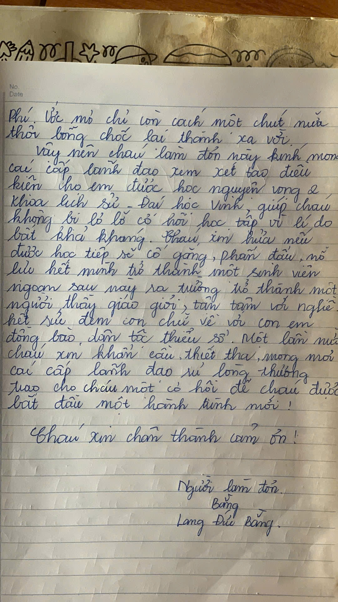 Thư trình bày của Lang Đức Bằng với nguyện vọng được nối giấc mơ đại học.