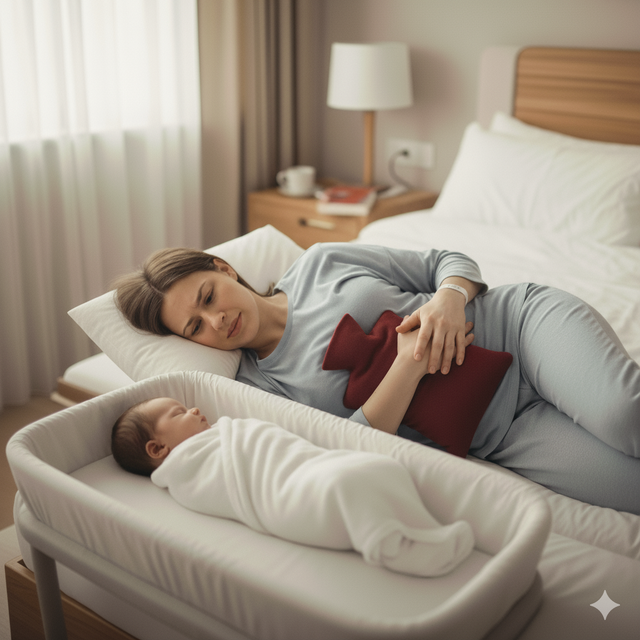 Sử dụng túi chườm nóng bụng dưới để giúp người mẹ thư giãn cơ và giảm đau.