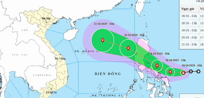 Dự báo hướng di chuyển của áp thấp nhiệt đới lúc 1 giờ ngày 18-10. Ảnh: Trung tâm Dự báo khí tượng thủy văn quốc gia