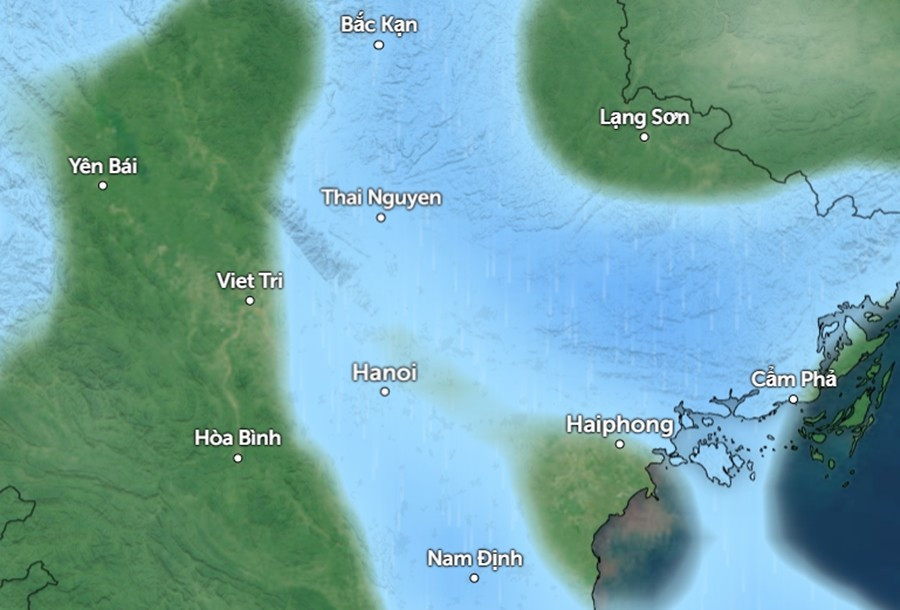 Dự báo một số khu vực ở miền Bắc có mưa (những vùng màu xanh da trời) do ảnh hưởng của không khí lạnh trong ngày mai, 19/10, nhưng chủ yếu là mưa nhỏ, ít. Ảnh: Zoom Earth, OpenStreetMap, GFS.