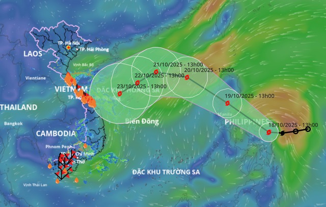 Dự báo hướng di chuyển của bão Fengshen (Ảnh: Hệ thống giám sát thiên tai).