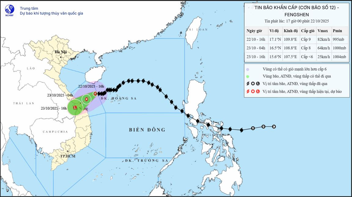 Khoảng ngày 23/10, bão số 12 di chuyển vào đất liền Đà Nẵng. Nguồn: NCHMF 