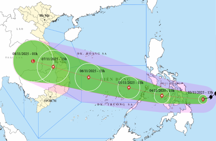 Dự báo vị trí và hướng di chuyển của bão Kalmaegi. Nguồn: Trung tâm Dự báo khí tượng thủy văn quốc gia