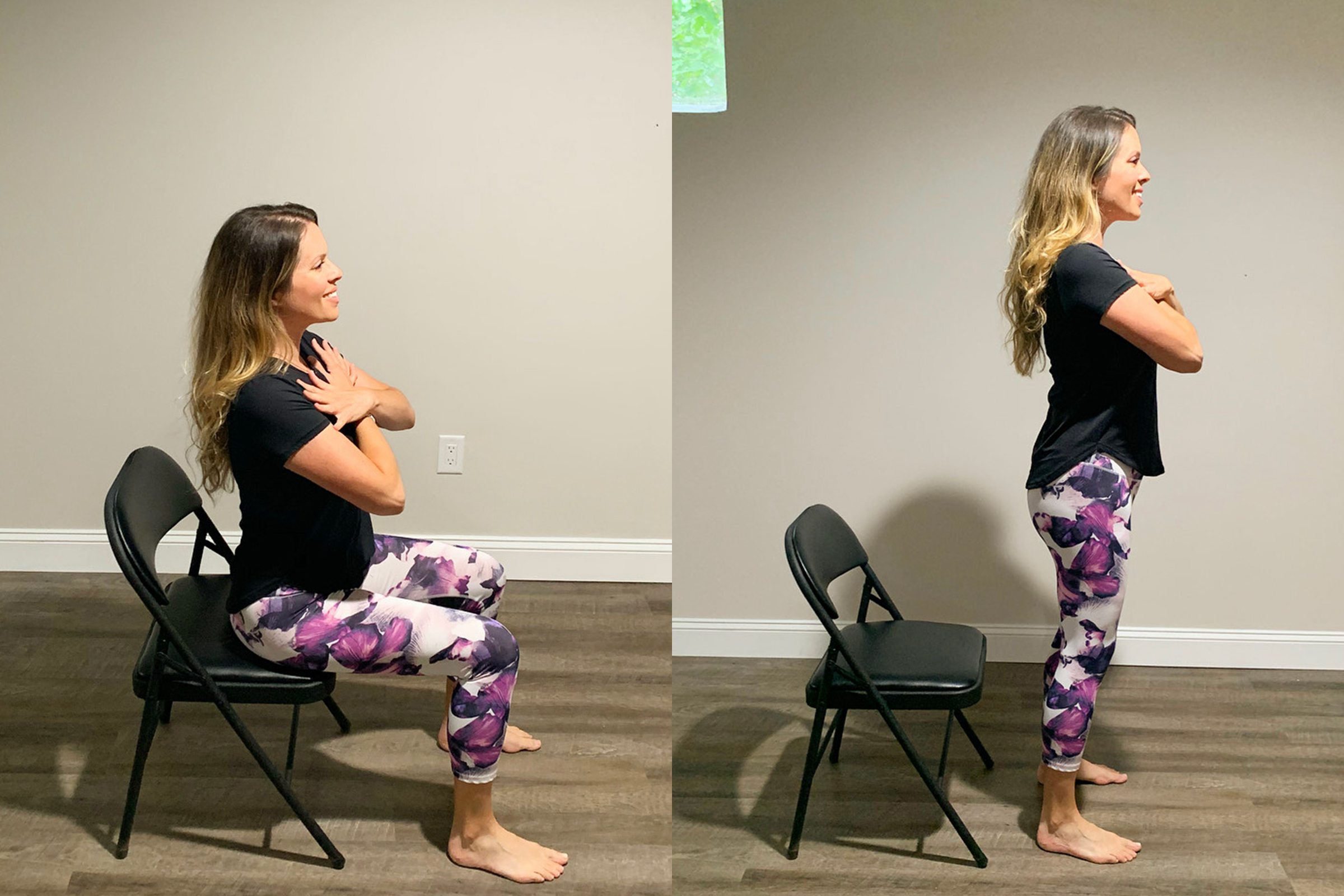 Động tác ngồi xuống - đứng lên giúp tăng cường sức mạnh cho cơ mông, cơ tứ đầu đùi và cơ gân kheo.