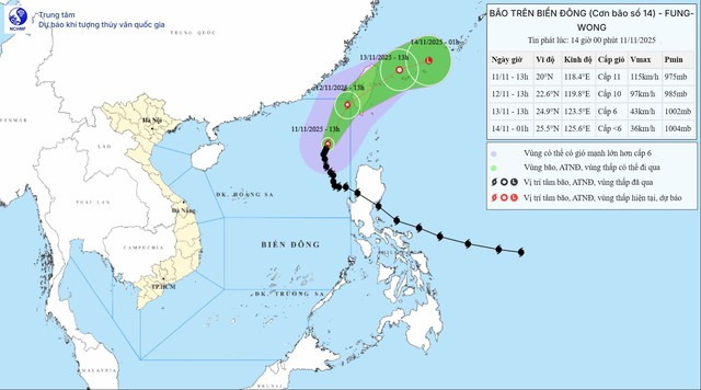 Bão số 14 trên Biển Đông tiếp tục di chuyển lên phía Bắc Đông Bắc.