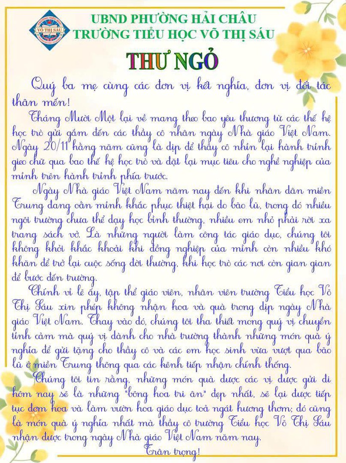 Lá thư được đăng tải trên Fanpage Trường Tiểu học Võ Thị Sáu