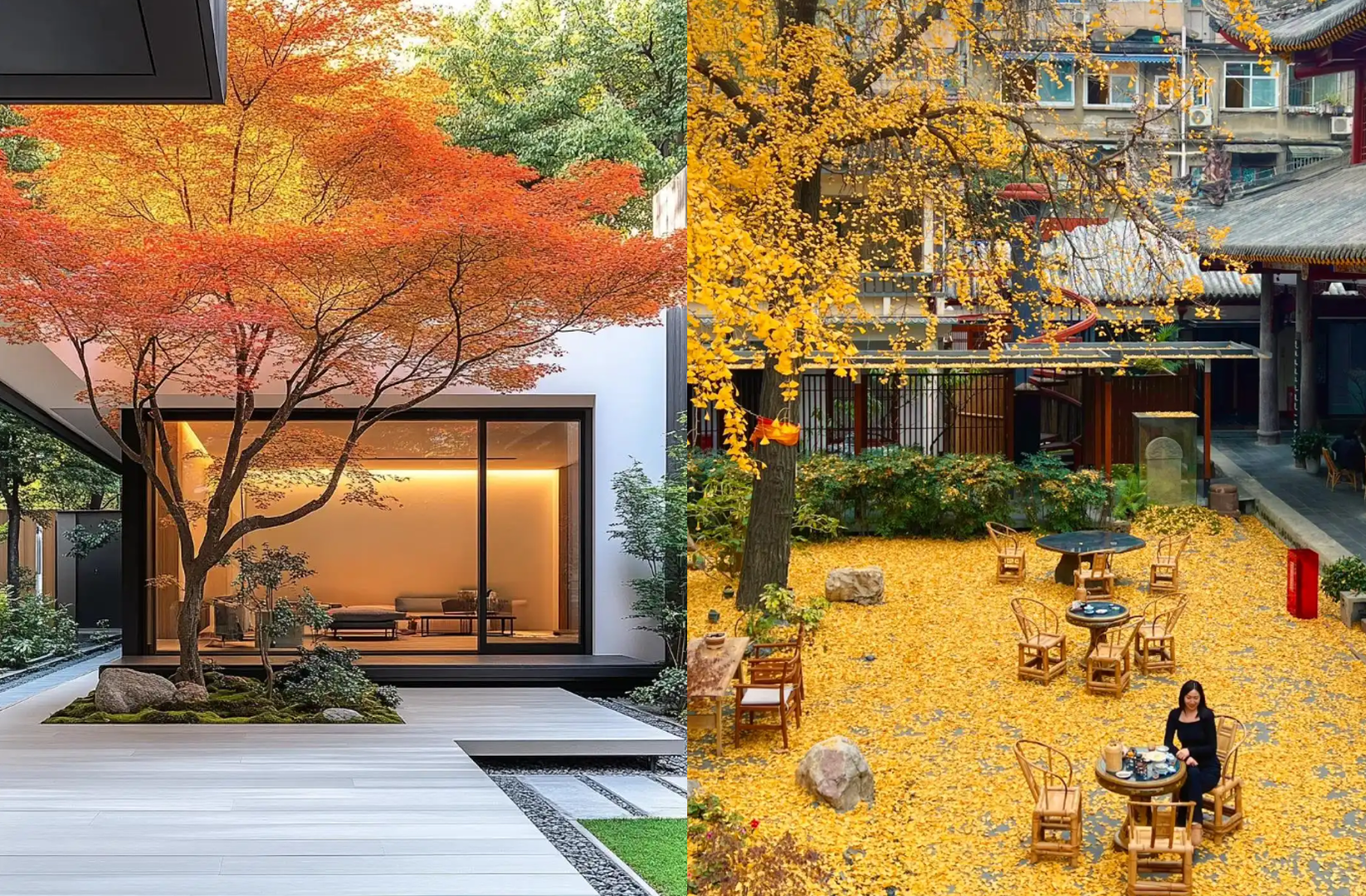 Cây bạch quả mùa thu lá vàng rực, biểu tượng cho trường thọ và tài lộc. Ảnh: Baidu