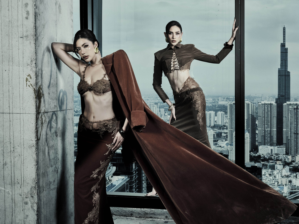 Trở thành nàng thơ trong loạt ảnh quảng bá bộ sưu tập sắp ra mắt của Đỗ Long, Minh Tú (trái) cùng Võ Hoàng Yến khoe vẻ quyến rũ khi diện bra top và crop top nhiều khoảng hở.