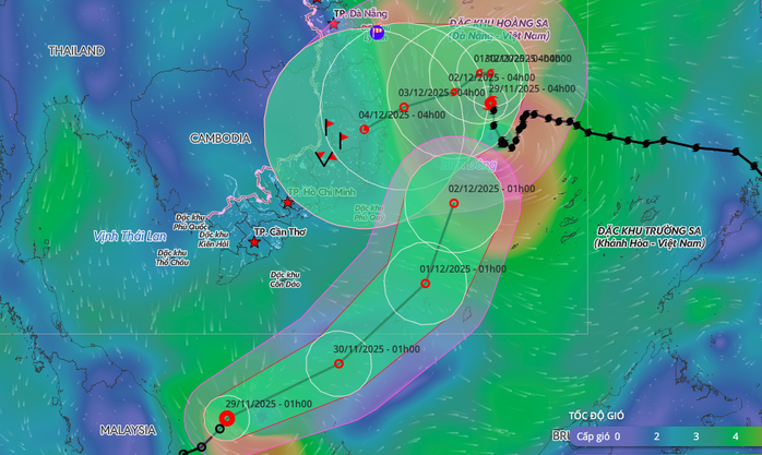 Hướng di chuyển của bão số 15 và áp thấp nhiệt đới lúc 1 giờ ngày 29-11. Ảnh: Trung tâm Dự báo khí tượng thủy văn quốc gia