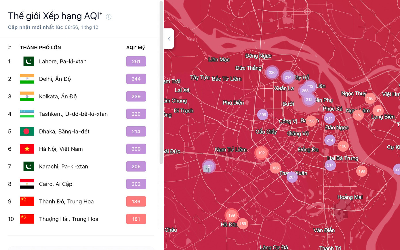 Bản đồ chất lượng không khí của Hà Nội sáng nay hiển thị từ màu đỏ đến tím, cho thấy nguy cơ ô nhiễm nghiêm trọng.