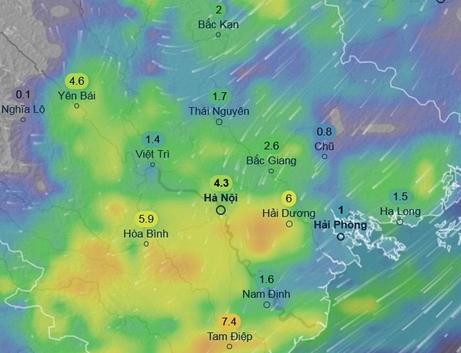 Dự báo mưa ở một số khu vực tại miền Bắc chiều 13/12 (những con số trong hình là lượng mưa dự báo trong khoảng 3 giờ). Ảnh: Ventusky, ICON.