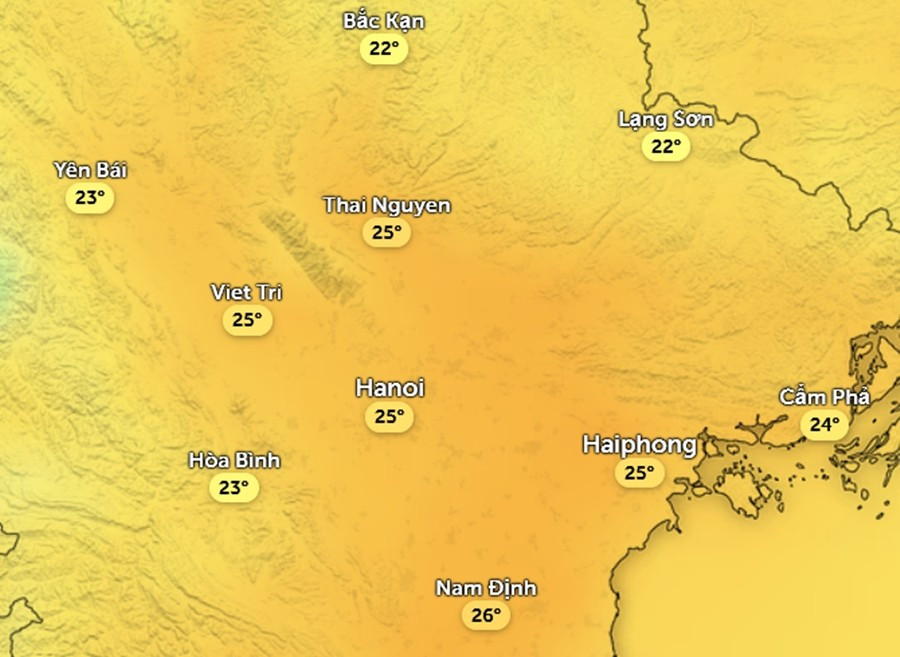 Nhiệt độ cảm nhận ở một số khu vực tại miền Bắc chiều nay, 8/12. Ảnh: Zoom Earth, OpenStreetMap, ICON.