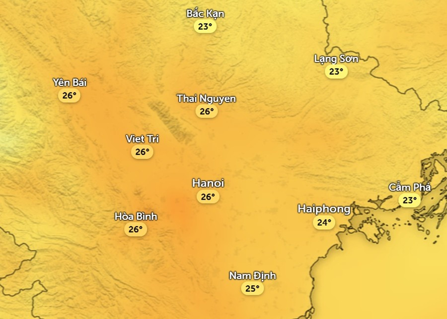 Dự báo nhiệt độ cảm nhận ở một số khu vực tại miền Bắc chiều 23/12. Ảnh: Zoom Earth, OpenStreetMap, ICON.