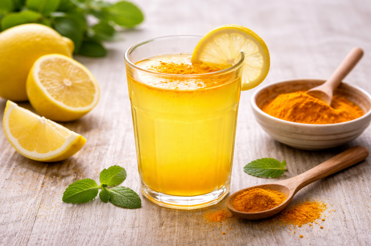 Nước chanh pha nghệ là thức uṓng buổi sáng hỗ trợ thải ᵭộc gan, thận. Ảnh AI.
