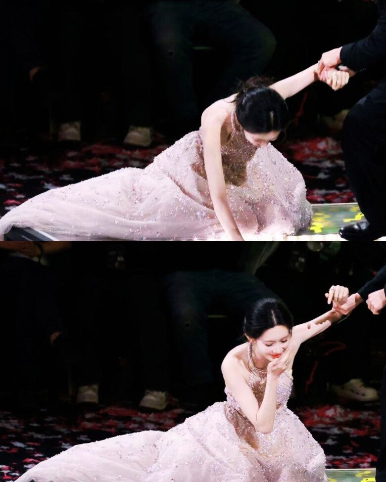 Mạnh Tử Nghĩa vấp vào váy, tạo nên khoảnh khắc đẹp nhất đêm hội.