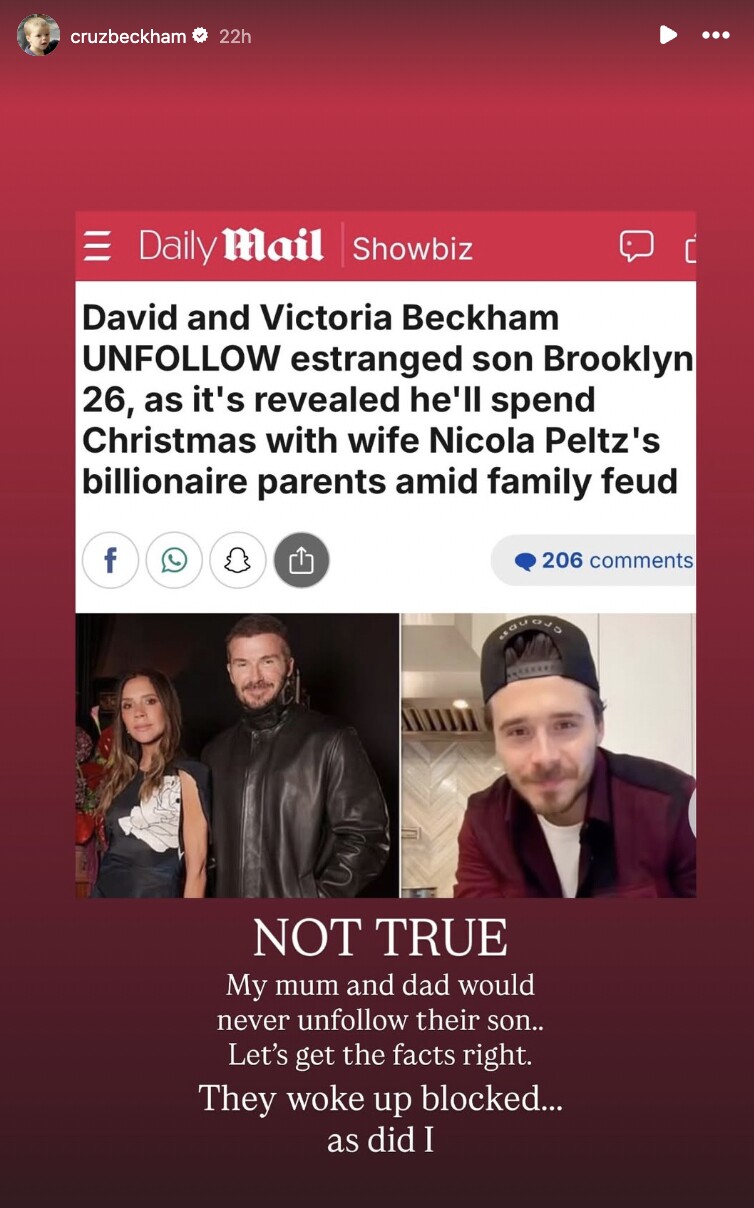 Cậu út - Cruz Beckham lên tiếng cho rằng ông bà Becks không huỷ theo dõi mà bị Brooklyn chặn.